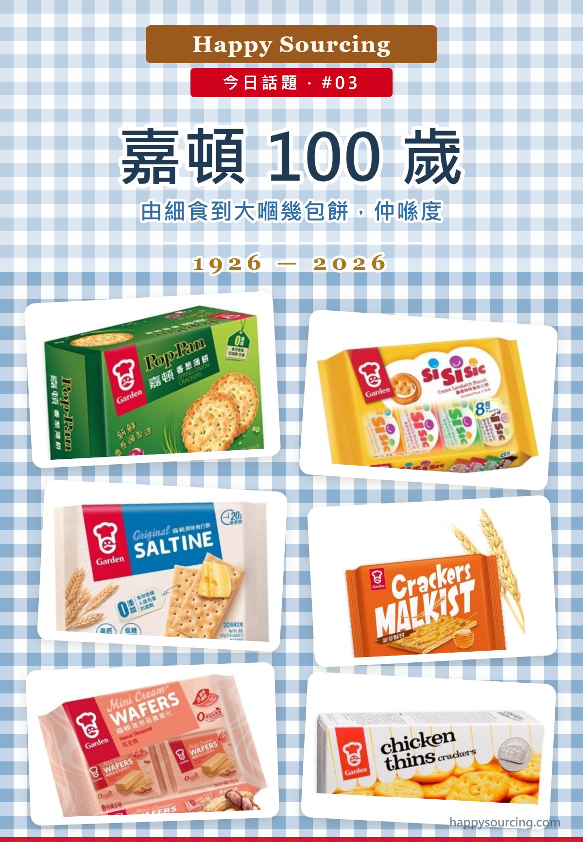嘉頓 100 週年主視覺 — 藍白格仔蠟紙上嘅嘉頓香蔥薄餅 Pop Pan、時時食夾心餅、原味梳打餅、迷你忌廉威化、麥芽酥餅同雞片｜Happy Sourcing 今日話題 嘉頓篇 1926–2026